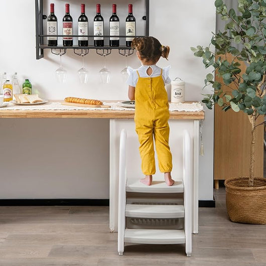 Sgabello a 3 Gradini per Bambini, Sgabello Scaletta per Bambini con Corrimani di Sicurezza e Gradini Antiscivolo, Capacità di Carico 75kg, per Cucina, Bagno, WC (Grigio)