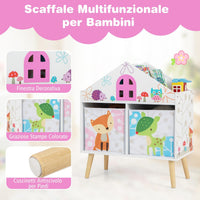 Libreria per Bambini con 2 Contenitori Rimovibili, Libreria a Forma di Casa con Gambe in Legno Massello, Scaffale per Giocattoli per Cameretta Soggiorno Asilo Nido, 62x30x72 cm