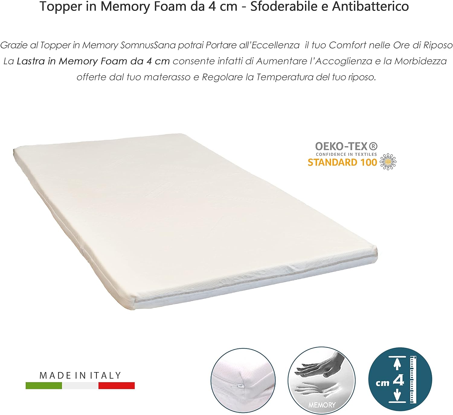 Topper Correttore Materasso singolo Memory 85x195 H4 Ortopedico Rigidità  media Sottovuoto Oeko-Tex