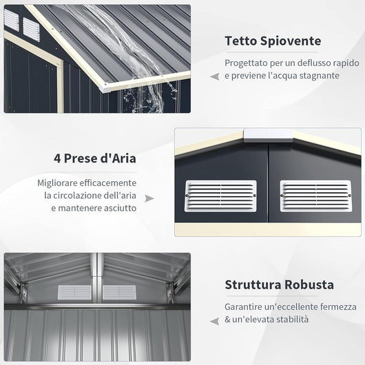 Casetta da Giardino Porta Attrezzi in Lamiera Acciaio Zincato, Capanno da Esterno con Tettoia, Sfilati e Ante Scorrevoli, Ideale per Cortile, Giardino e Fattoria (330 x 245 x 210 cm)