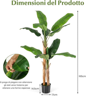 Albero di Banana Artificiale Alto 165/195 cm, Albero di Banana Finto con 10/27 Grandi Foglie, Steli Doppi/Triplici e Corteccia Naturale, Pianta in Vaso da Interno (165 cm)