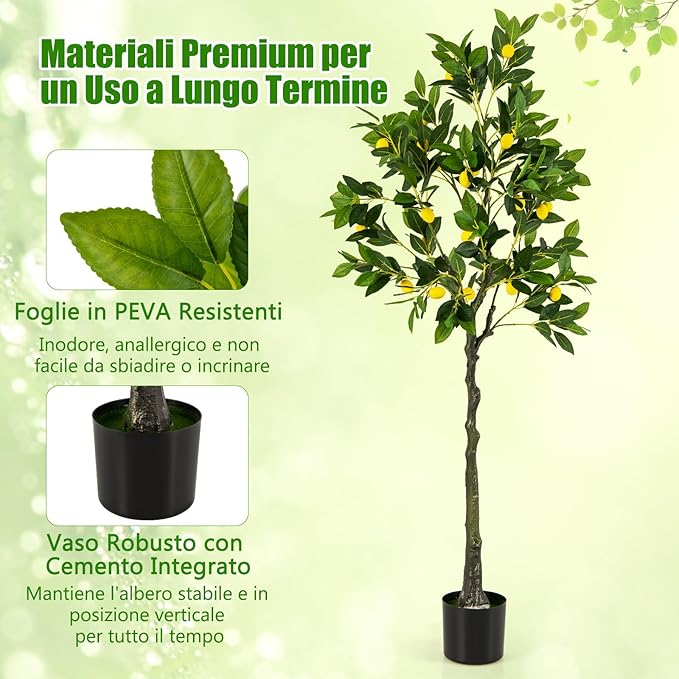 Albero di Limone Artificiale, Pianta di Limone Finto Alto 80/120/160 CM con Frutti di Limone, Vaso di Cemento, Pianta in Vaso con Fogliame, Manutenzione Gratuita (160 cm)