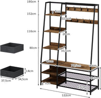 Appendiabiti Multiusi con Scarpiera, 2 Cassettiere in Tessuto, 6 Ripiani Laterali, 9 Ganci, Stand Appendiabiti in Legno e Acciaio per Ingresso Camera da Letto, 122x40x180cm