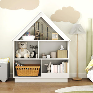 Libreria per Bambini a Forma di Casa, Scaffale in Legno con 5 Cubi per Giocattoli, Organizer di Stoccaggio Antiribaltamento, Scaffale Aperto a 3 Livelli, 88x34x108 cm (Bianco)