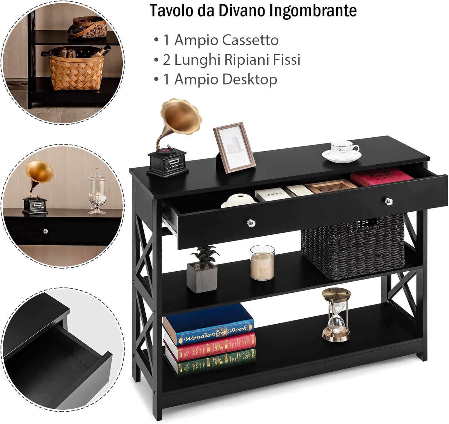 Consolle con Cassetto, Tavolo Consolle con Ripiani e Dispositivo Antiribaltamento, Tavolo Laterale da Divano Moderno, Mobile da Ingresso per Spazi Piccoli Salotto e Corridoio (Black)