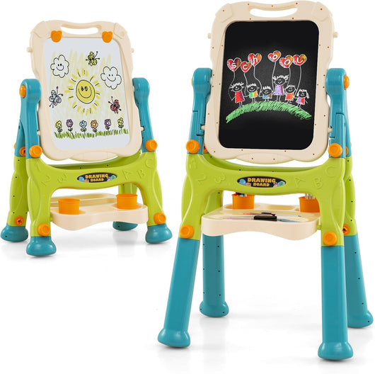 Cavalletto per Bambini, Lavagna Magnetica a Doppia Faccia Regolabile in Altezza, Tavolo da Disegno Staccabile con Manico Portatile e 2 Tazze, per Bambini 3 Anni + (Verde+Blu)