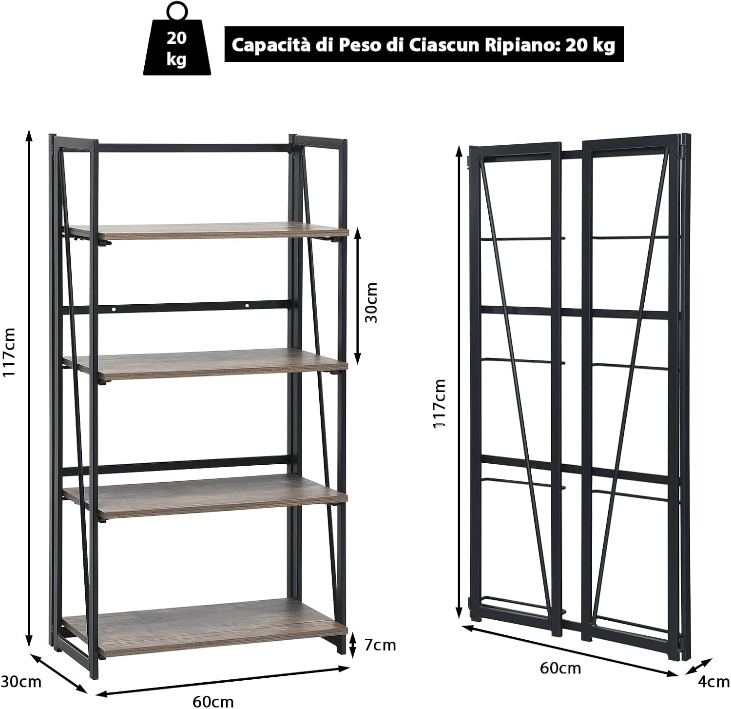 Scaffale Pieghevole a 4 Livelli, Scaffale in Legno con Struttura in Metallo, Libreria Industriale e Multifunzionale per Ufficio Soggiorno e Cucina, 60x30x117 cm