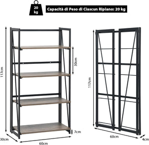 Scaffale Pieghevole a 4 Livelli, Scaffale in Legno con Struttura in Metallo, Libreria Industriale e Multifunzionale per Ufficio Soggiorno e Cucina, 60x30x117 cm