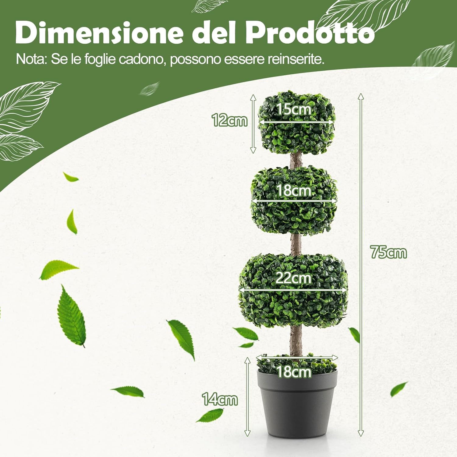 Pianta Finta 75 cm, Albero Artificiale a Sfere con Vaso di Plastica Riempito di Cemento, Piante Finte da Decorazione per Giardino, Ingresso, Balcone e Terrazza