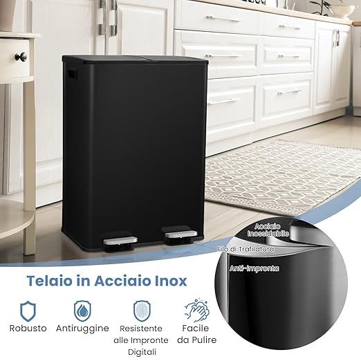 Pattumiera per Differenziata 2 Scomparti, Secchi Spazzatura Differenziata 2 x 30 L, Bidone con Coperchi a Chiusura Morbida, Acciaio Inox Anti-Impronte (Nero)