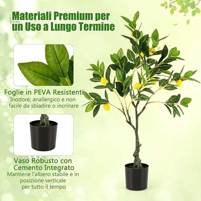 Albero di Limone Artificiale, Pianta di Limone Finto Alto 80/120/160 CM con Frutti di Limone, Vaso di Cemento, Pianta in Vaso con Fogliame, Manutenzione Gratuita (80 cm)