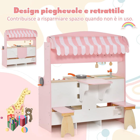 Cucina & Ristorante per Bambini 2 in 1, Cucina Giocattolo a Doppia Faccia con Forno, Fornello, Barbecue, Tenda Regolabile e Rubinetto in Legno, Cucina e Ristorante per Bambini 3-8 Anni