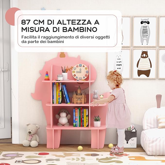 Libreria in Legno per Bambini, Organizzatore di Archiviazione Giocattoli con Ripiani, Adorabile Scaffale con Anti-Ribaltamento per Stanza dei Bambini Sala Giochi Asilo (Unicorno)