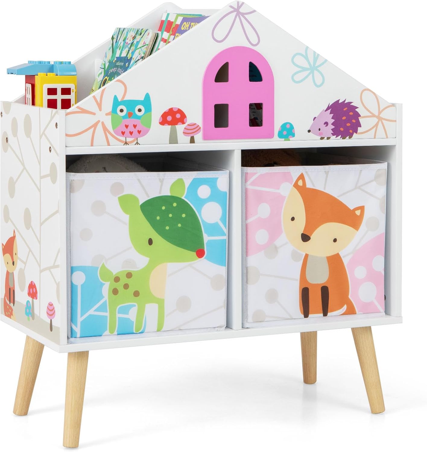 Libreria per Bambini con 2 Contenitori Rimovibili, Libreria a Forma di Casa con Gambe in Legno Massello, Scaffale per Giocattoli per Cameretta Soggiorno Asilo Nido, 62x30x72 cm