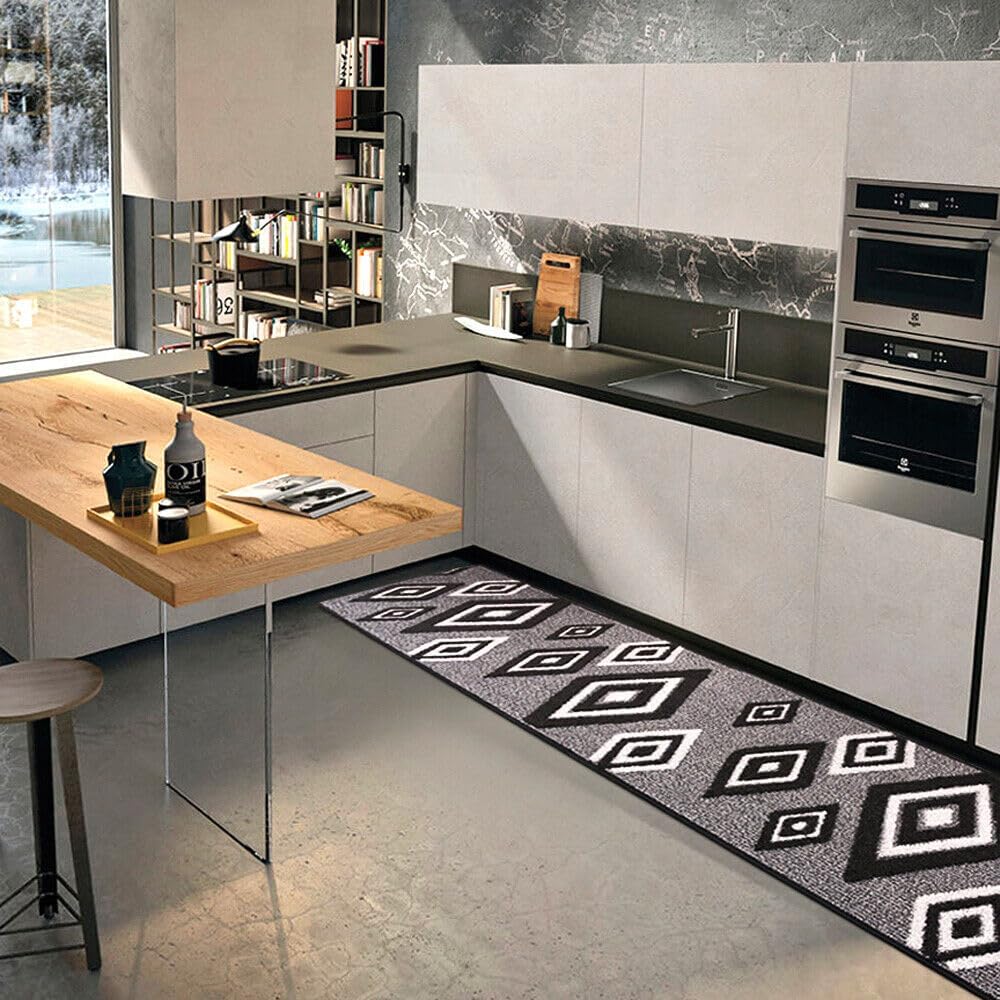 Tappeto Cucina Rombi .3D 57x270 Cm Assorbente Morbido Moderno Antiscivolo Nero