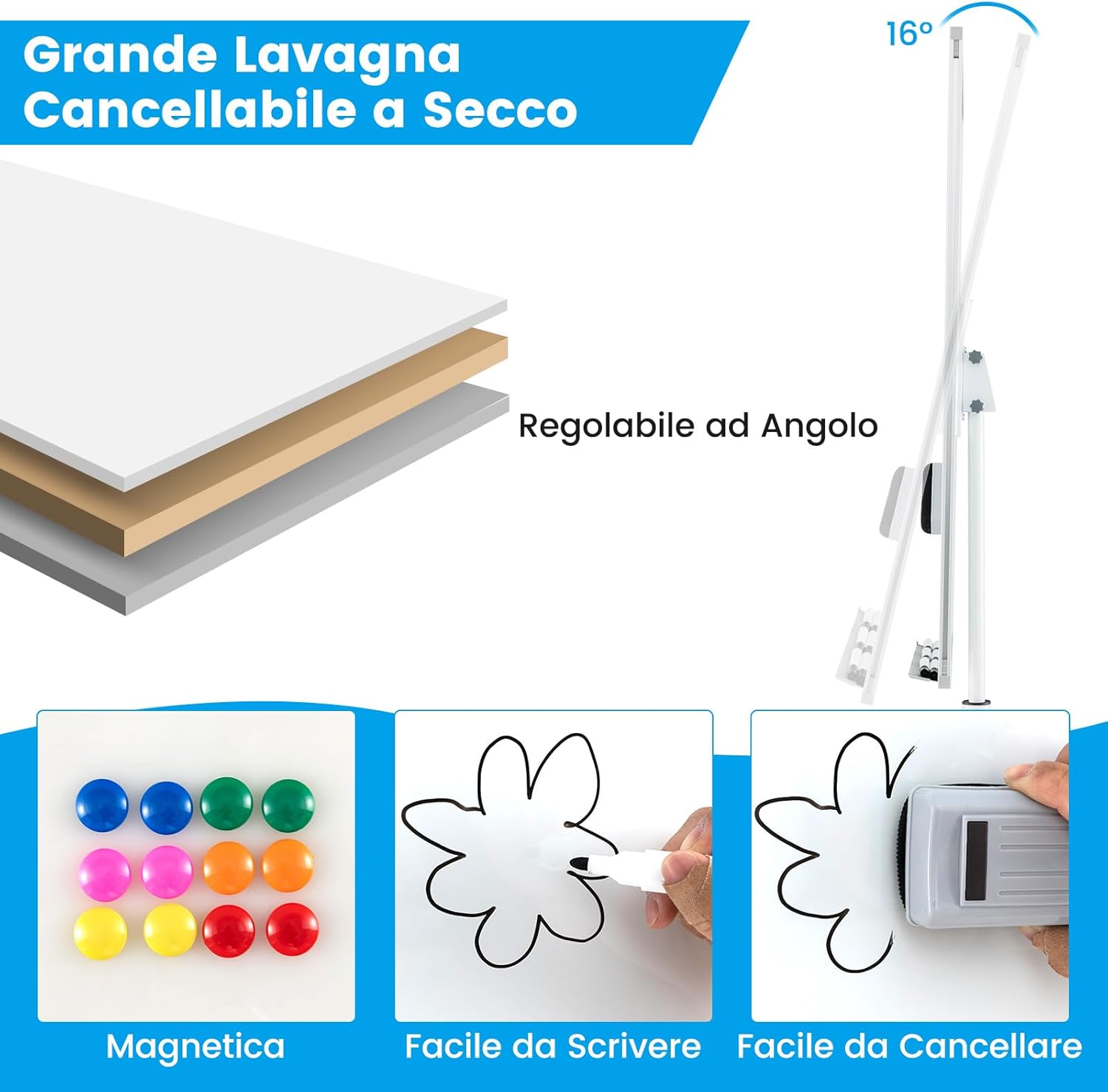 Lavagna Bianca Magnetica Mobile con Accessori, Lavagna Regolabile in Altezza e Angolo con Supporto Rotondo, 5 Ruote Bloccabili, 65 x 60 x 132-192 cm (Bianco)