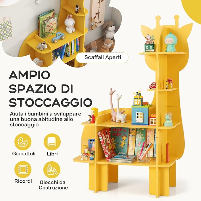 Libreria in Legno per Bambini, Organizzatore di Archiviazione Giocattoli con Ripiani, Adorabile Scaffale con Anti-Ribaltamento per Stanza dei Bambini Sala Giochi Asilo (Giraffa)