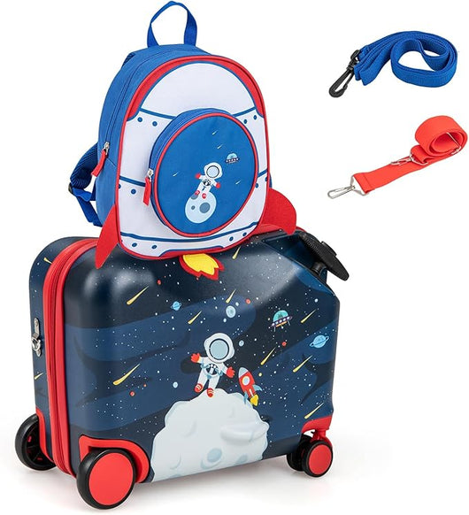 Valigia Cavalcabile per Bambini, 18" Valigia+ 12" Zaino,2 Pezzi, Trolley Bambini Bagaglio a Mano con Ruote Girevoli e Maniglia Retrattile, 2 Cingie Multiuso (Modello 4)