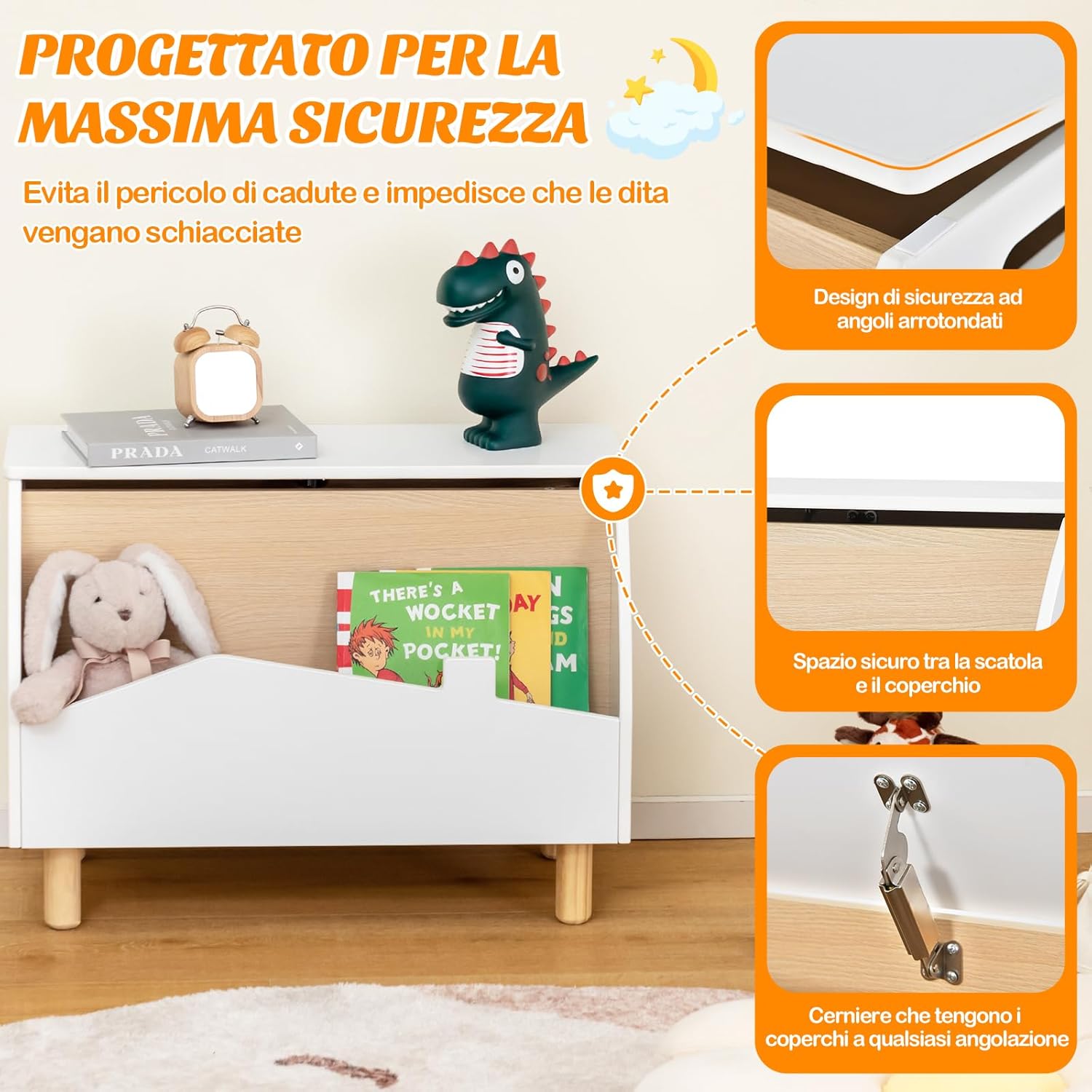 Scaffale dei Giocattoli per Bambini in Legno, Libreria per Bambini con Ripiano Espositivo e Contenitore con Coperchio Apribile, Ideale per Cameretta e Nido, 60 x 30 x 44 cm (Bianco)