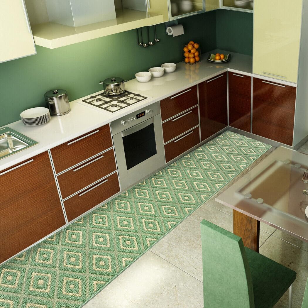 Tappeto Casa Cucina Rombi 3D 50X290 Cm Bordato Moderno Assorbente Antiscivolo Verde