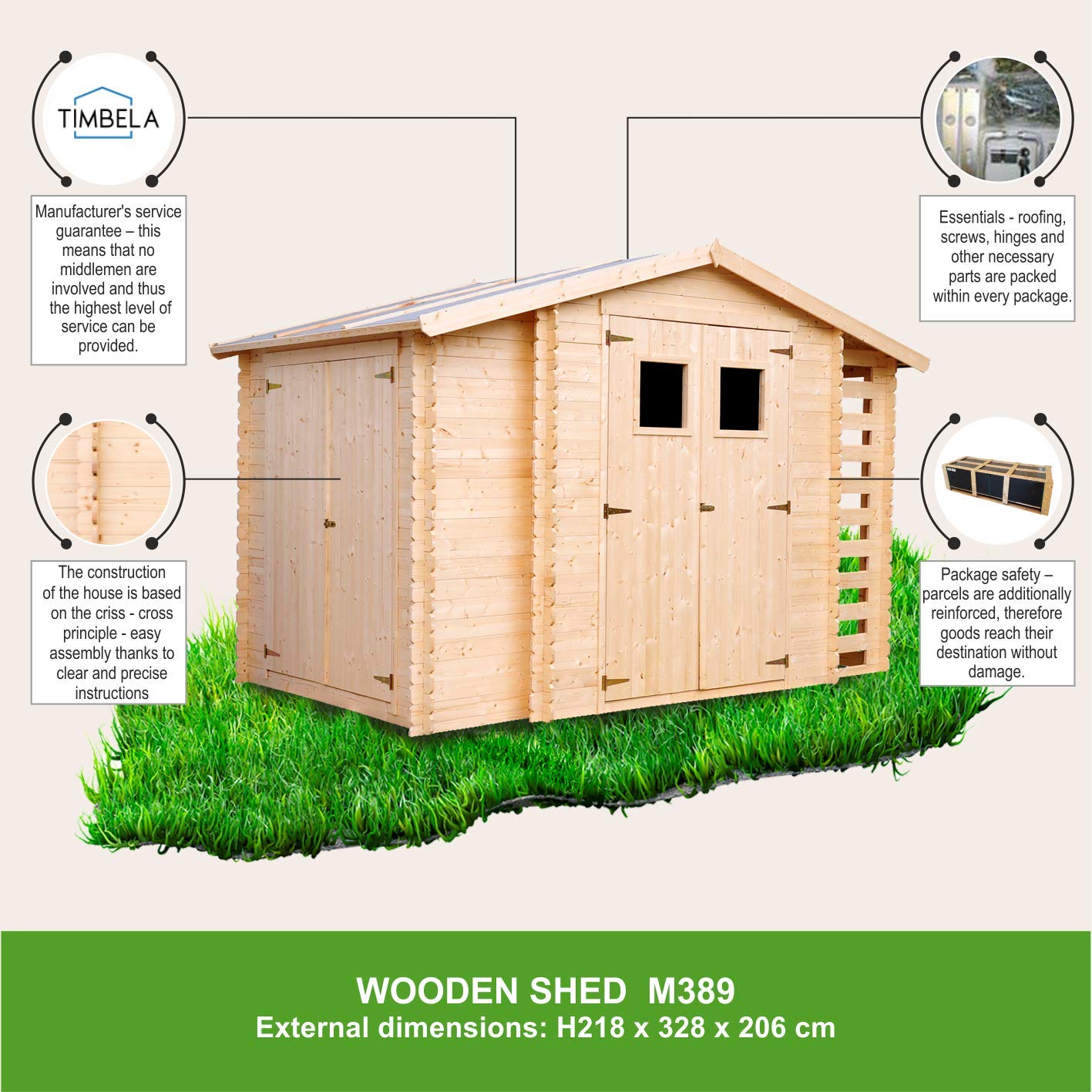 TIMBELA M389 Casetta da Giardino in Legno - 3,53 + 0,97+0,97 m2 