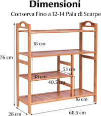 Portascarpe in Bambù con Maniglia, Scaffale per Scarpe in bambù con 4 Ripiani, Organizzatore Multifunzionale per Ingresso Soggiorno Bagno, 68,5 x 28 x 75 cm