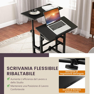 Scrivania Mobile, Scrivania Regolabile in Altezza, Postazione di Lavoro con Ruote per Computer per Casa e Ufficio, Struttura in Acciaio Rinforzato, Nero