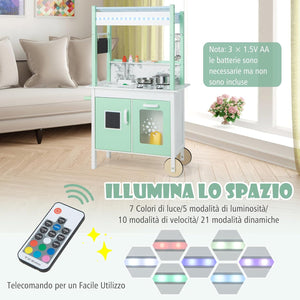 Cucina & Negozio per Bambini 2 in 1, Set Cucina Giocattolo a Doppia Faccia per Bambini in Legno, con Telecomando e Barre Luminose a LED, Ruote, per Bambini 3+ Anni