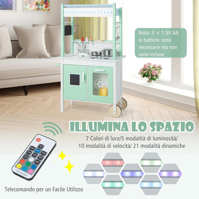 Cucina & Negozio per Bambini 2 in 1, Set Cucina Giocattolo a Doppia Faccia per Bambini in Legno, con Telecomando e Barre Luminose a LED, Ruote, per Bambini 3+ Anni