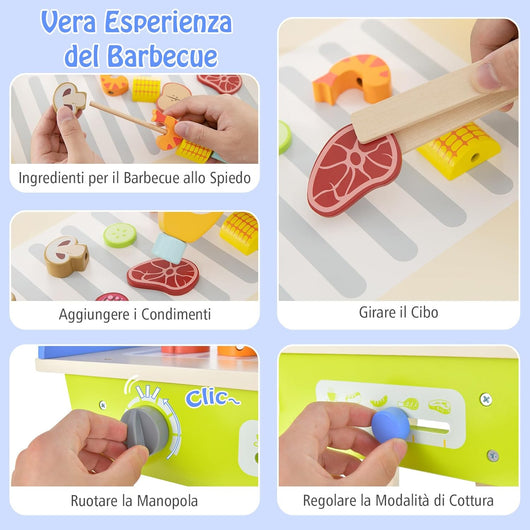 Set da Gioco Barbecue per Bambini, Set da Barbecue Giocattolo con Utensili da Grigliata in Legno e Alimenti Giocattolo, Maniglia Scorrevole e Ruote Lisce