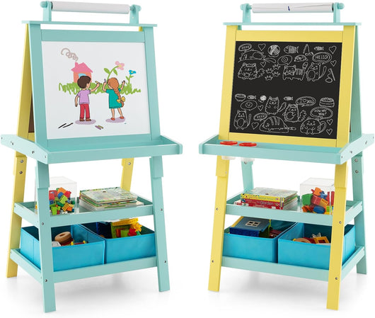 3 in 1 Cavalletto per Bambini con Doppia Faccia, Cavalletto per Disegno con 2 Vassoi e 2 Scatole, Lavagna Bambini in Legno (Verde)