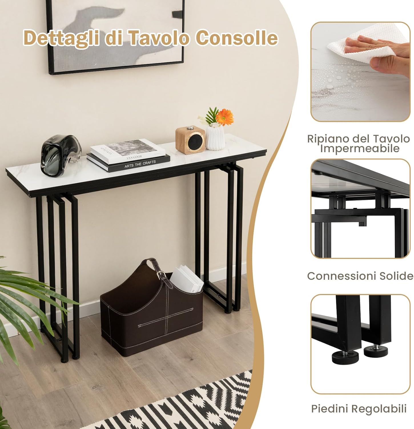 Tavolo Consolle 110cm, Tavolo da Ingresso con Piano in Finto Marmo, Struttura in Metallo e Poggiapiedi Regolabili, Tavolino da Divano Moderno per Salotto, Corridoio e Ingresso (Nero)