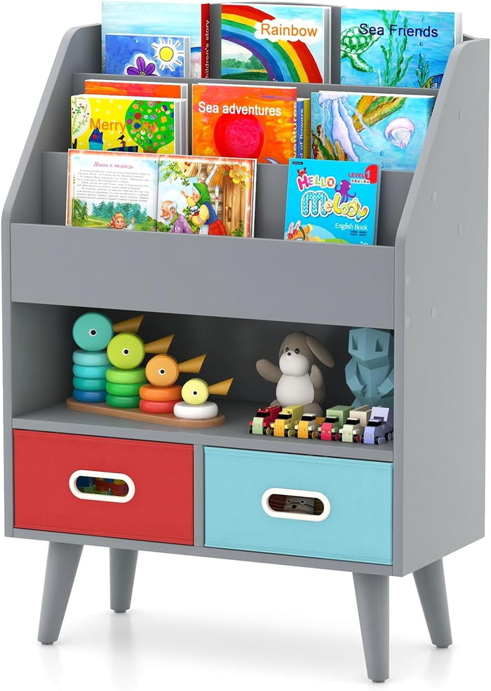 Libreria per Bambini, Scaffale in Legno per Bambini con 3 Ripiani, Scomparto Aperto e 2 Cassetti in Tessuto Pieghevoli, Organizzatore per Giocattoli, 63x30x97 cm (Grigio)