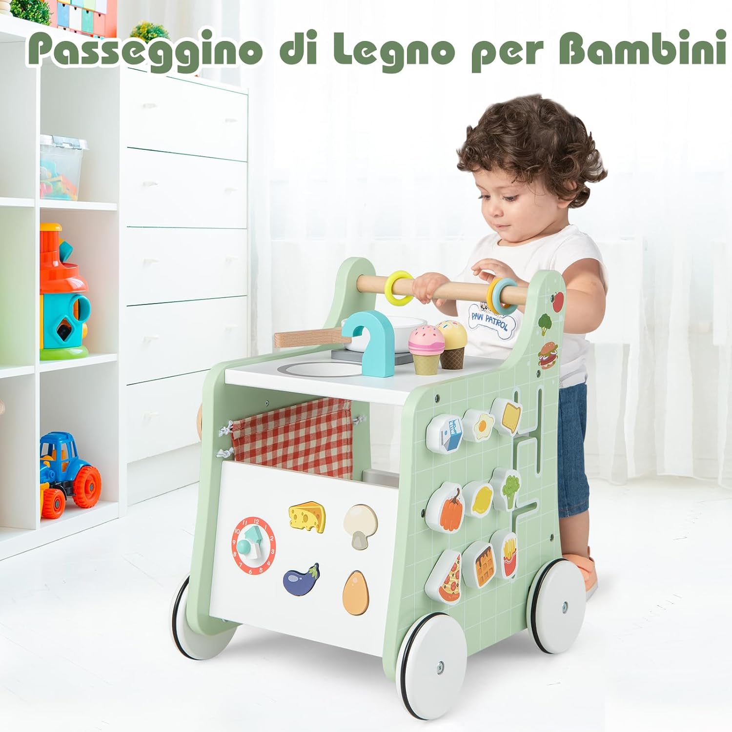 Girello per Bambini 6 in 1, Carrellino Primi Passi per Bmbini in Legno, con Cucina Giocattolo, Gioco Educativo con Ruote per Bambini 12 Mesi + (Verde)