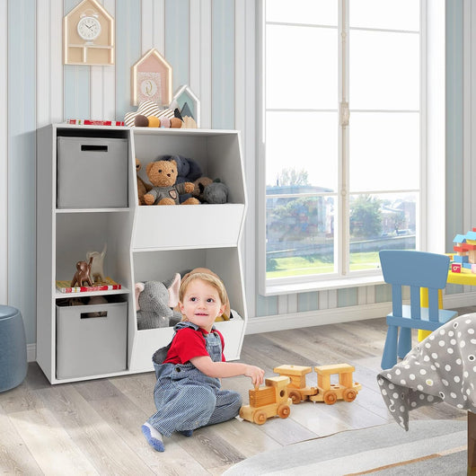 Mobile Portagiochi per Bambini, Libreria a Cubi con 5 Ripiani e 2 Contenitori di Tessuto, Scaffale Portagiochi per Bambini in Legno, per Cameretta Asilo Nido Scuola Materna, Bianco