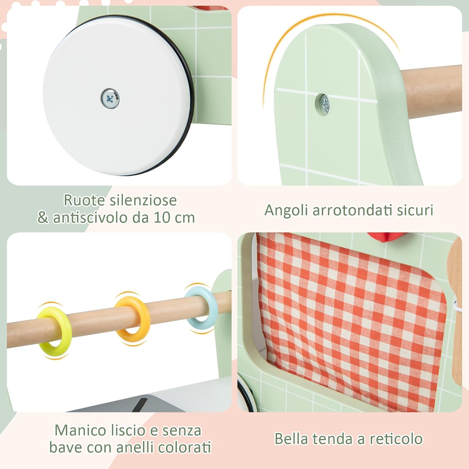 Girello per Bambini 6 in 1, Carrellino Primi Passi per Bmbini in Legno, con Cucina Giocattolo, Gioco Educativo con Ruote per Bambini 12 Mesi + (Verde)