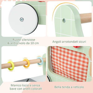 Girello per Bambini 6 in 1, Carrellino Primi Passi per Bmbini in Legno, con Cucina Giocattolo, Gioco Educativo con Ruote per Bambini 12 Mesi + (Verde)