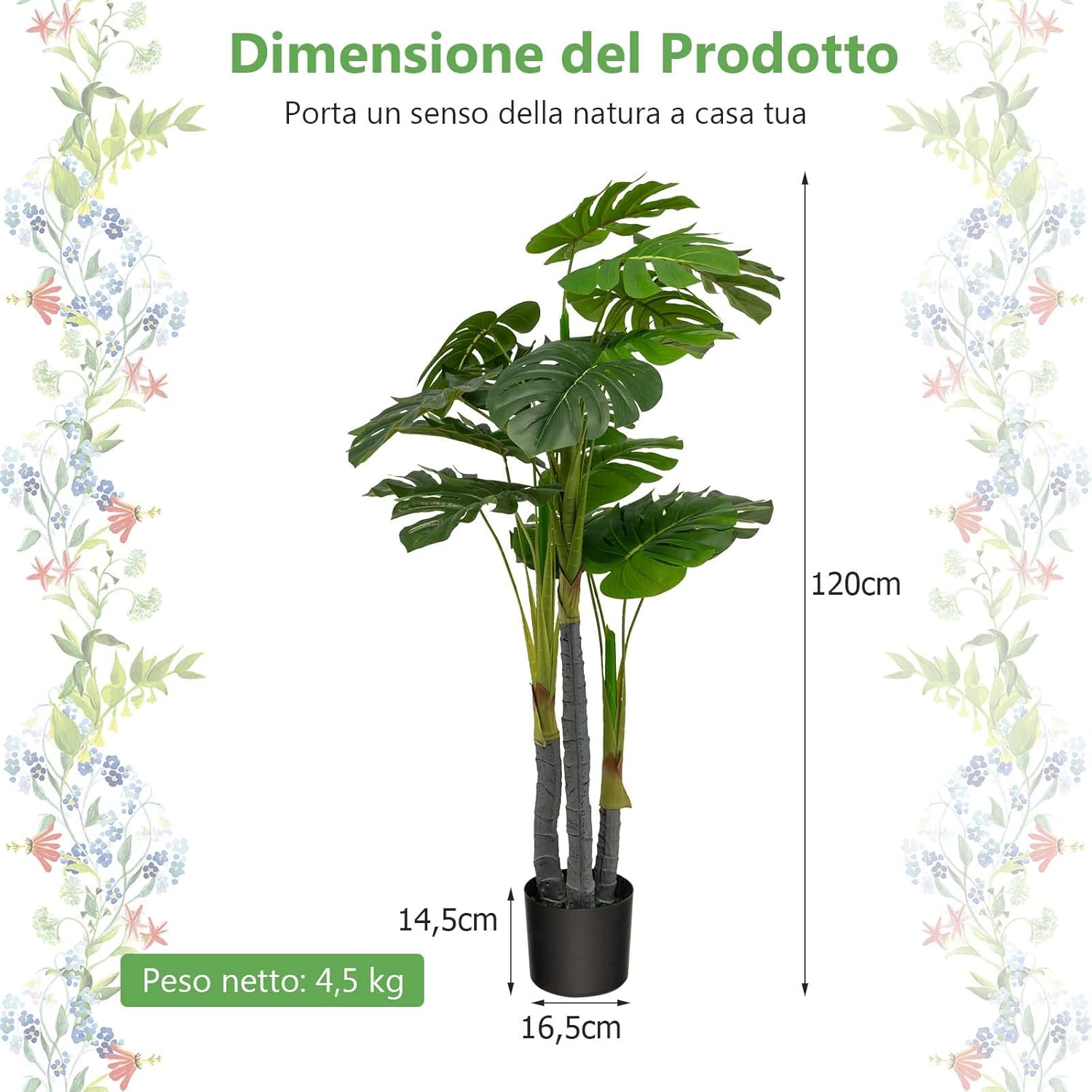 Albero di Filodendro Artificiale 120 cm con Supporto in Cemento, Pianta Finta Artificiale con Foglie in Plastica PE, 3 Rami e 20 Foglie, Ideale per Casa, Ufficio e Negozio