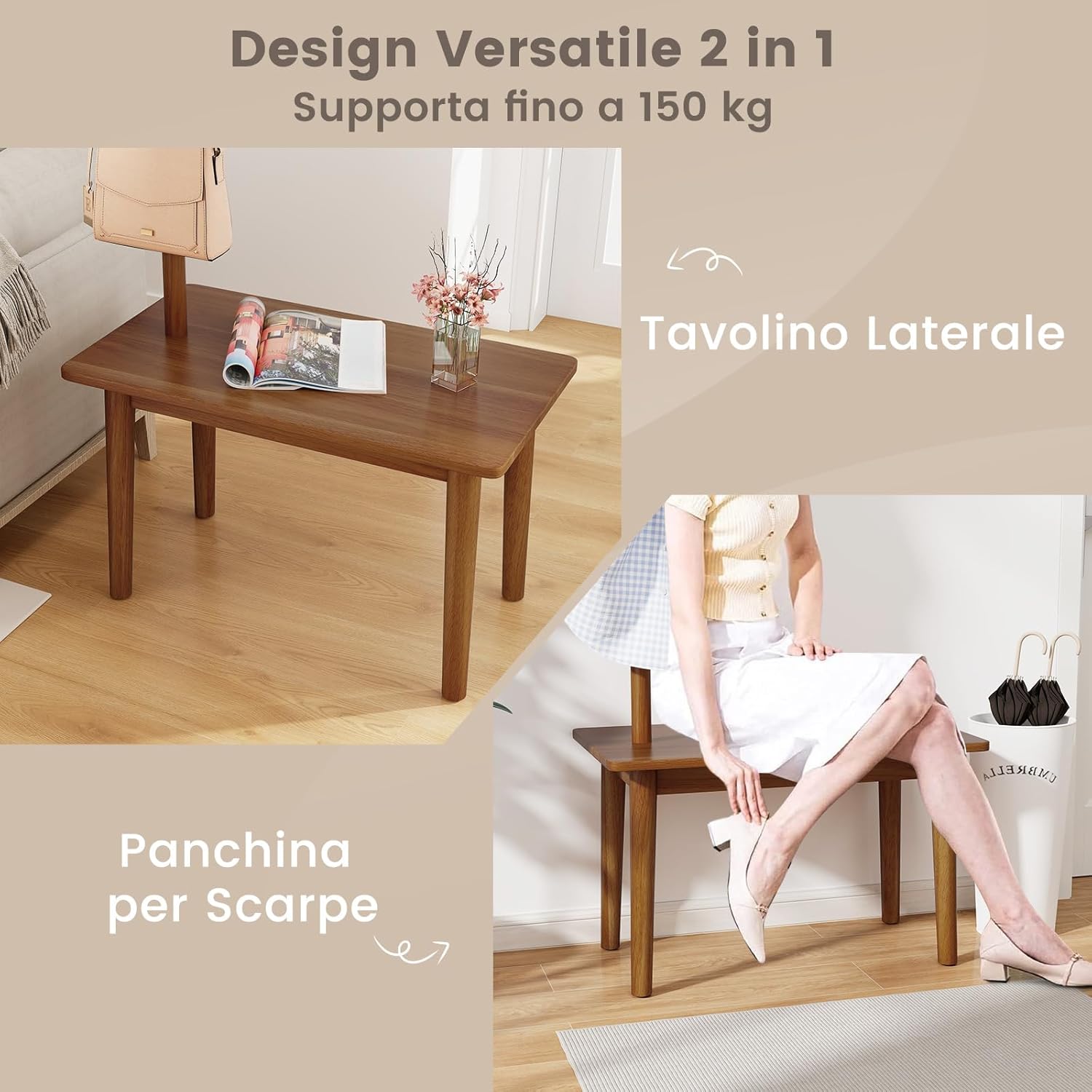 Appendiabiti in Legno con Tavolino, 2 in 1 Appendiabiti con Panca per Scarpe, 3 Ganci per Cappelli, Borse e Giacche, Attaccapanni per Camera Salotto Corridoio, Carico 150 kg (Marrone)