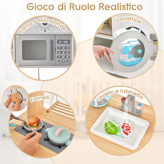 Cucina Giocattolo per Bambini in Legno, Set da Cucina per Bambini con Forno a Microonde, Accessori Vari per Cucinare, per Bambini 3 Anni +