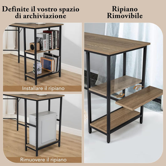 Scrivania Angolare 138 CM, Scrivania ad Angolo con 2 Prese, 2 Porte USB, Telaio in Acciaio al Carbonio e Ripiano a 2 Livelli Rimovibile, Scrivania Salvaspazio da Ufficio e Casa (Legno)