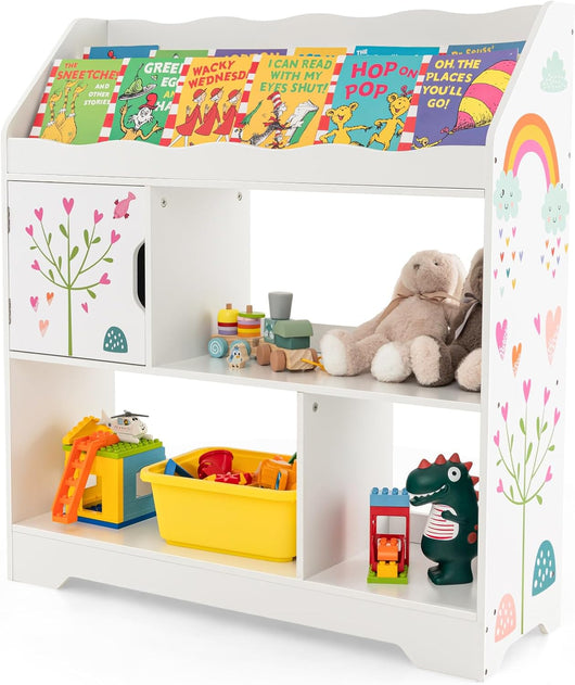 3 in 1 Libreria per Bambini, Mobile Portagiochi Multiuso con Anta e 3 Vani Aperti, Scaffale per Giocattoli per Cameretta Soggiorno Asilo Scuola Materna, 93x30x100 cm(Bianco)