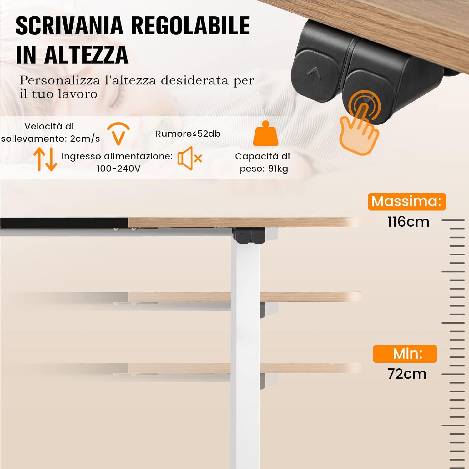 Scrivania Regolabile in Altezza Elettrica, Scrivania con Ampio Piano, Foro Passacavi e Gancio, Postazione di Lavoro per Computer da Ufficio e Casa, 140 x 70 x 72-116 cm (Legno scuro)