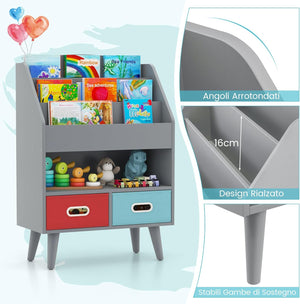 Libreria per Bambini, Scaffale in Legno per Bambini con 3 Ripiani, Scomparto Aperto e 2 Cassetti in Tessuto Pieghevoli, Organizzatore per Giocattoli, 63x30x97 cm (Grigio)