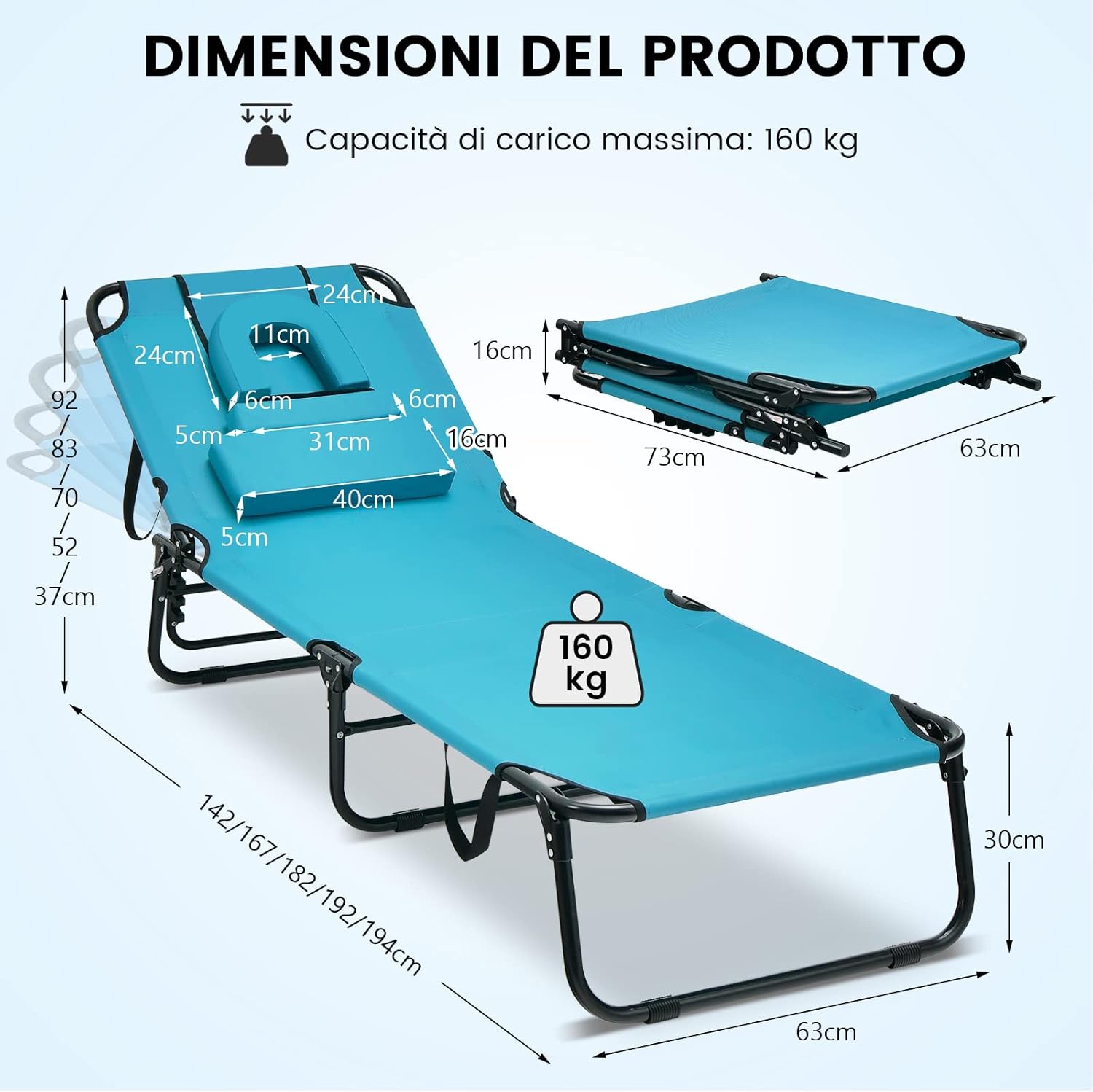 Lettino Prendisole Pieghevole con Foro per il Viso, 3 Cuscini Rimovibili e Schienale Regolabile in 5 Posizioni, Sdraio a Sdraio per Patio Prato Campeggio (Turchese)