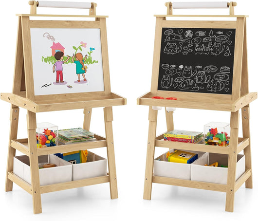 3 in 1 Cavalletto per Bambini con Doppia Faccia, Cavalletto per Disegno con 2 Vassoi e 2 Scatole, Lavagna Bambini in Legno (Naturale)