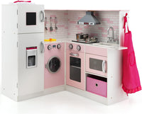 Cucina Giocattolo per Bambini in Legno, Mini Cucina Angolare per Bambini con Luci e Suoni Interattivi e Accessori per Cucina, Ideale per Bambini più di 3 Anni, Rosa