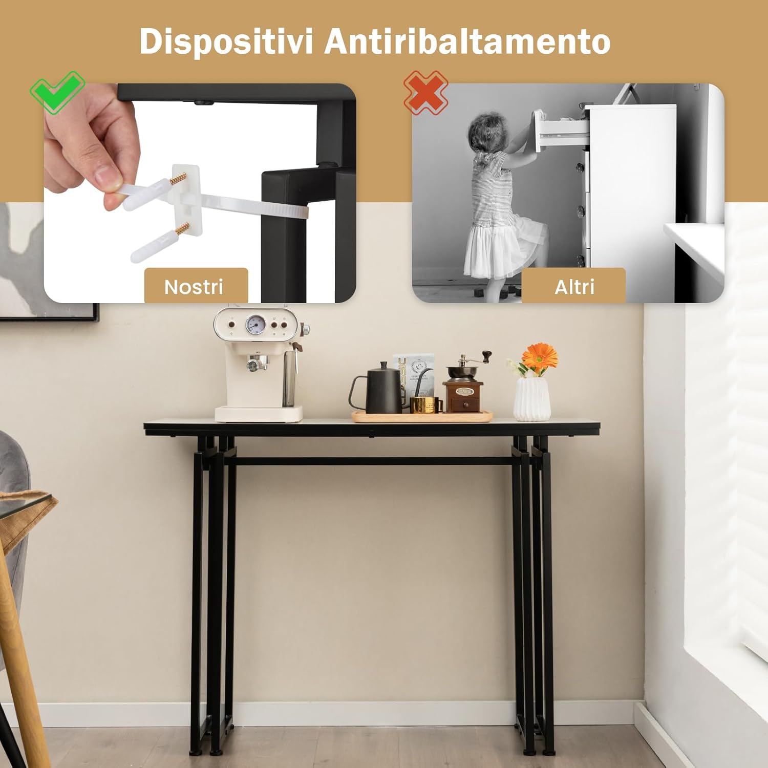 Tavolo Consolle 110cm, Tavolo da Ingresso con Piano in Finto Marmo, Struttura in Metallo e Poggiapiedi Regolabili, Tavolino da Divano Moderno per Salotto, Corridoio e Ingresso (Nero)