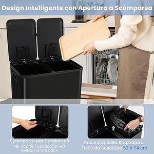 Pattumiera per Differenziata 2 Scomparti, Secchi Spazzatura Differenziata 2 x 30 L, Bidone con Coperchi a Chiusura Morbida, Acciaio Inox Anti-Impronte (Nero)