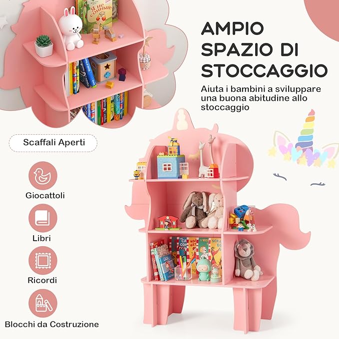 Libreria in Legno per Bambini, Organizzatore di Archiviazione Giocattoli con Ripiani, Adorabile Scaffale con Anti-Ribaltamento per Stanza dei Bambini Sala Giochi Asilo (Unicorno)